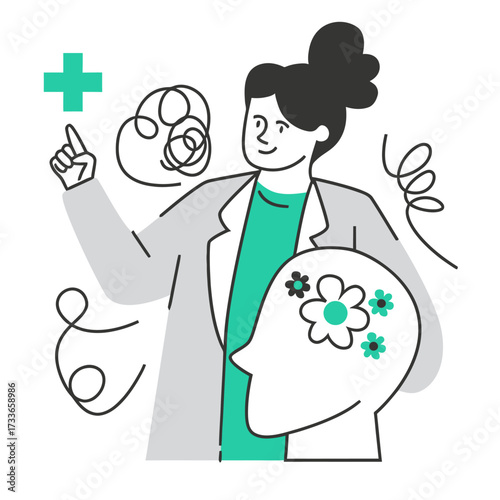 Expert therapist guides patient toward mental wellness and clarity, symbolizing healing and positive transformation with a bright plus sign and blooming thoughts