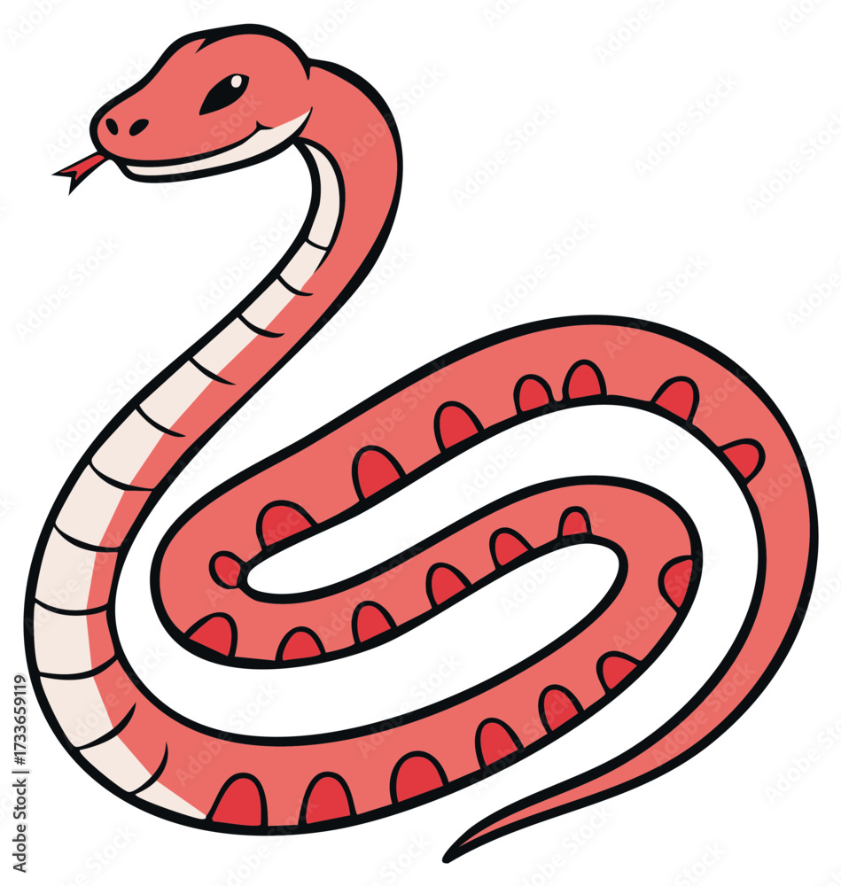 Naklejka premium Vibrant Red Coiled Snake Cartoon Illustration with Playful Expression and Extended Forked Tongue