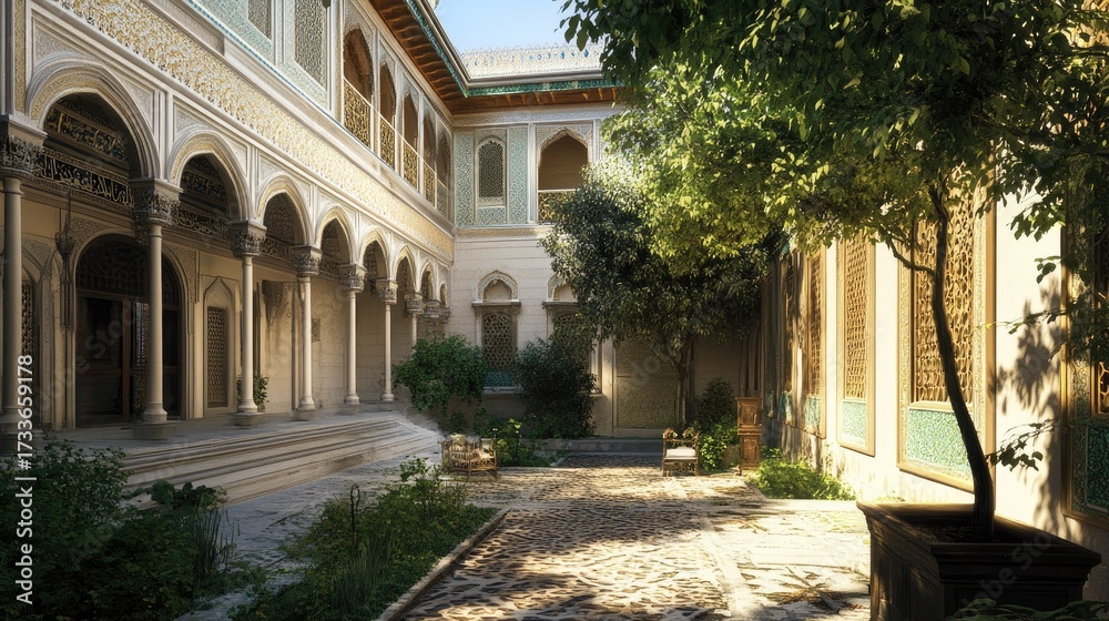 Fototapeta premium Serene Courtyard: Architectural Marvel of Ancient Palace
