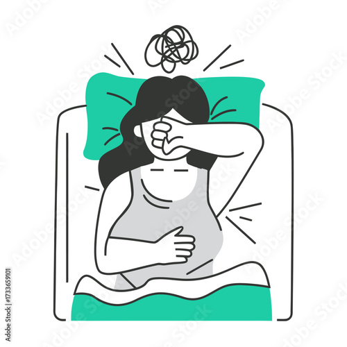 Woman struggling with sleepless nights and anxiety, tossing and turning in bed with a distressed mind and overwhelming thoughts disturbing her peace.