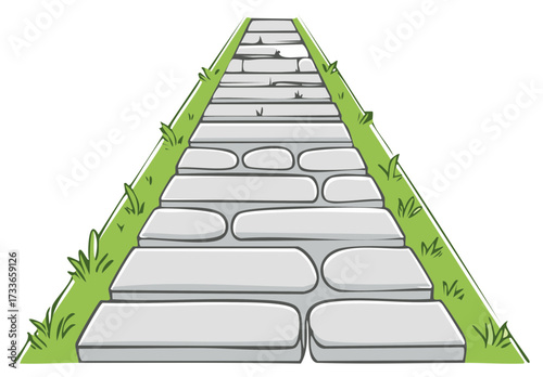 Garden stone path stairway rising through lush green grass leading upward in perspective