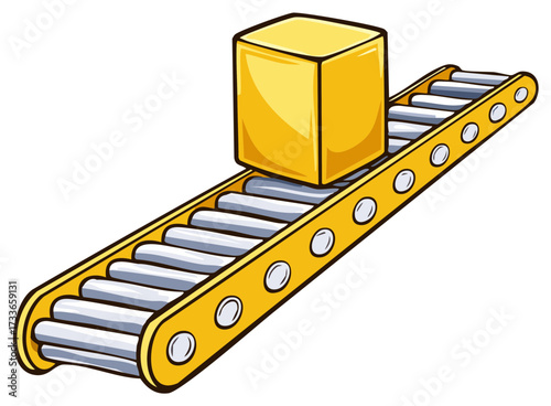 Yellow box on a conveyor belt, cartoon illustration