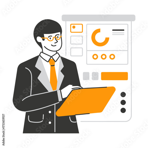 Confident analyst presenting dynamic data insights on a digital dashboard, mastering business strategy with modern technology and sharp focus for professional success.