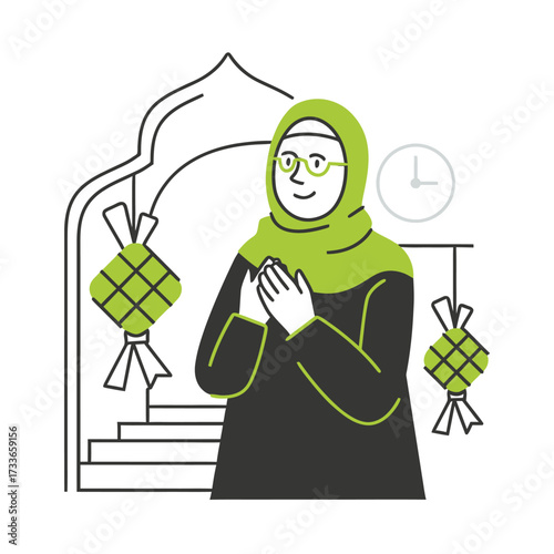 Joyful Muslim woman in hijab offering prayers, surrounded by festive ketupat decorations and a clock indicating a special time, celebrating cultural traditions and spiritual moments with warmth and de