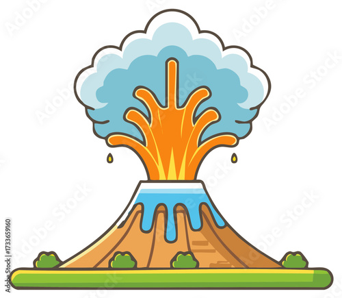 Cartoon volcano erupting, spewing lava and ash illustration, isolated design.
