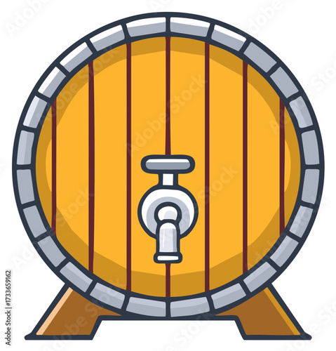 Wooden barrel with tap for wine or beer. Cartoon vector illustration of a cask on a stand.