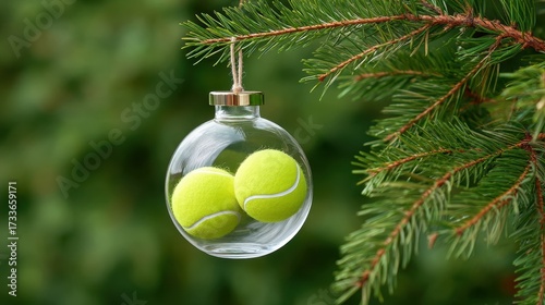 Tennis balls in a clear glass christmas ornament on a green pine tree branch