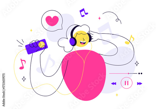 Joyful person with headphones immersed in music, surrounded by vibrant notes and abstract shapes, capturing the essence of auditory pleasure and digital entertainment.