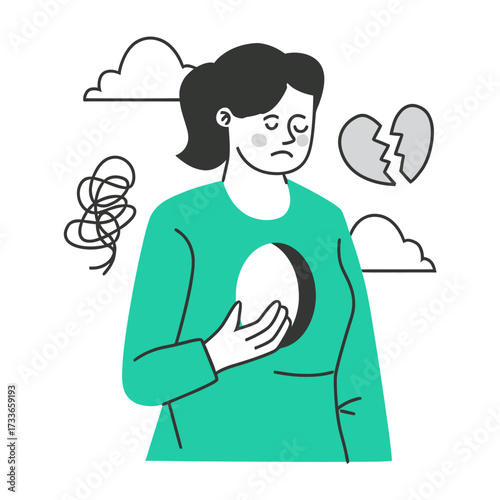 Woman experiencing emotional pain and heartbreak with a void in her chest, symbolizing loss and sadness, a broken heart nearby.