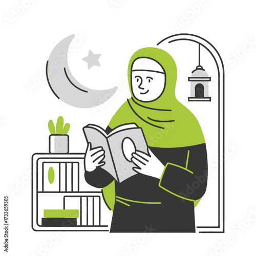 Serene woman in hijab finds peace reading holy book under crescent moon and starry night sky, illuminated by a traditional lantern, embodying faith and contemplation during holy month