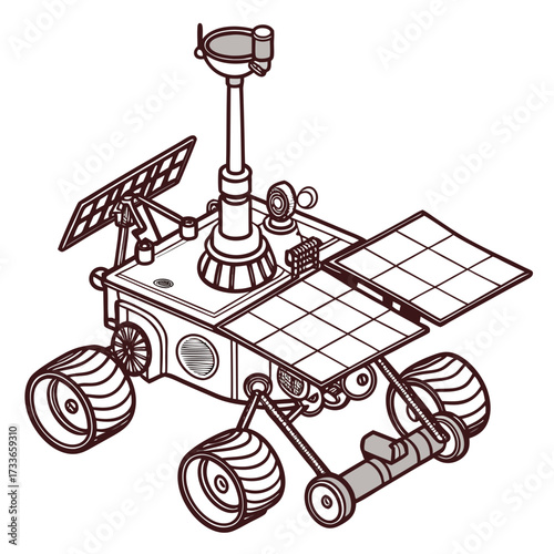Isometric Line Drawing of a Mars Rover space exploration