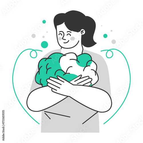 Person embracing a vibrant green abstract shape symbolizing self-care, mental wellness, and personal growth with joyful expression and bubbles suggesting cleanliness and renewal