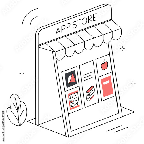 Isometric illustration of an app store storefront shop