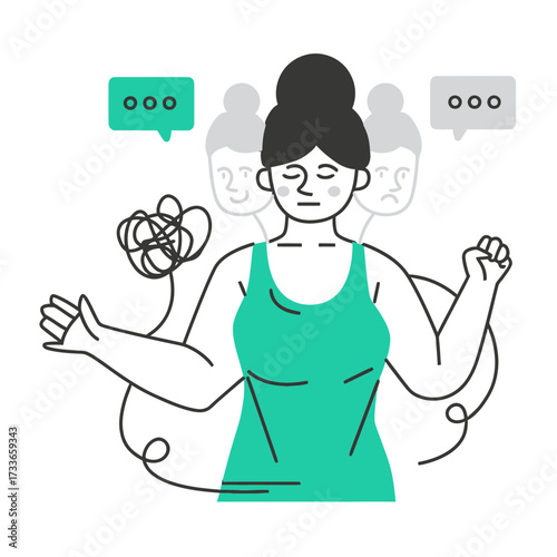 Struggling with overwhelming thoughts and external pressures personifies modern mental health challenges and internal conflict resolution journey.