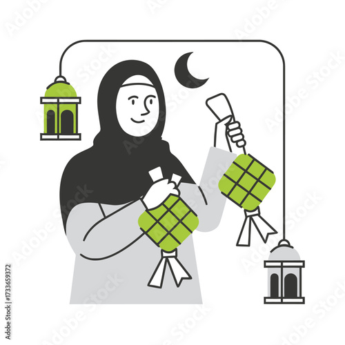 Joyful Muslim woman celebrating Eid al Fitr holding traditional ketupat rice cakes and lanterns under a crescent moon creating festive holiday atmosphere