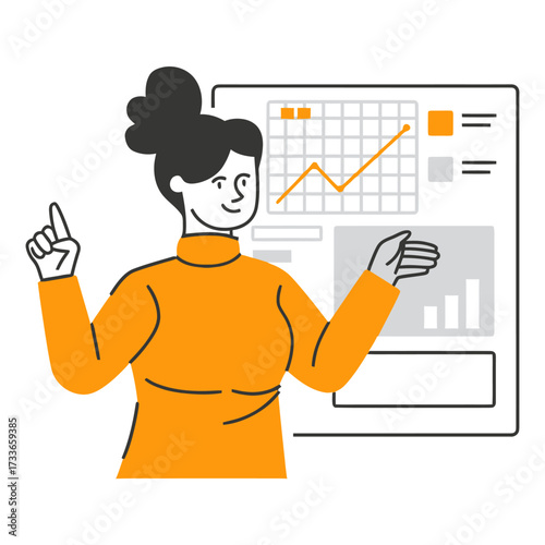 Confident professional woman analyzes rising business growth charts and data presentation, driving strategic decisions with clear insights and forward momentum.