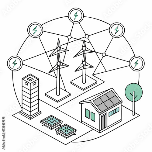 Isometric smart city energy grid with renewable sources