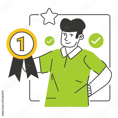Confident winner proudly displays first place award, celebrating achievement and success with a triumphant smile and verified checkmarks signifying excellence