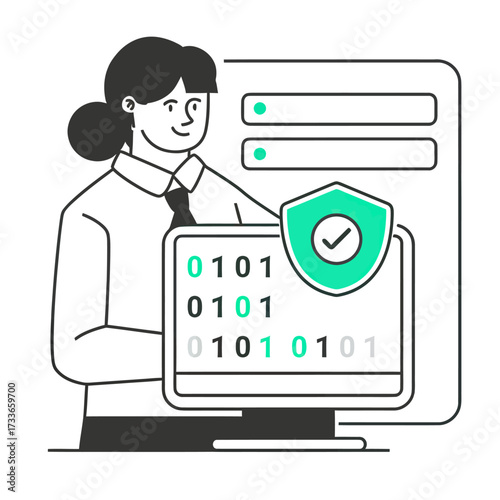 Confident professional secures digital data with binary code and shield icon on computer screen, showcasing cybersecurity innovation and data protection strategies for modern business.