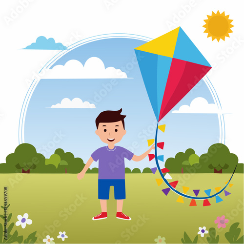 A smiling young boy in a sunny park happily holds a vibrant, multi-colored kite, capturing the pure joy and carefree spirit of childhood outdoor play and summer fun