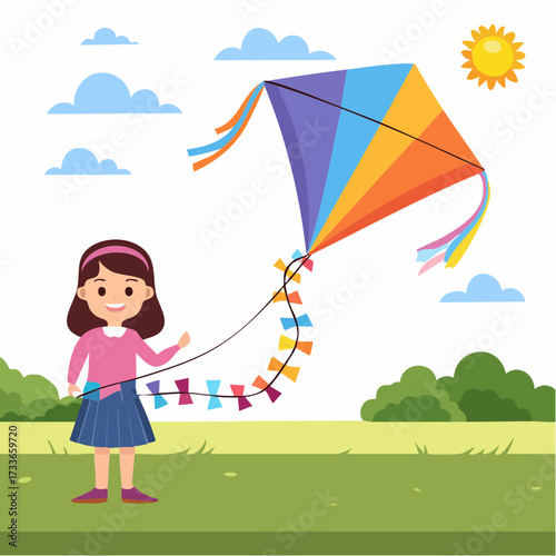 A Girl Flying a Colorful Kite in a Sunny Field Illustration