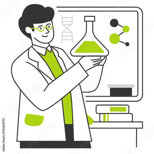 Dedicated scientist meticulously examining a glowing green liquid in a flask, surrounded by DNA helix and molecular structures, symbolizing research and discovery