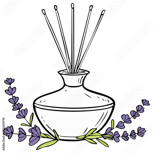Hand Drawn Aroma Diffuser with Sticks and Lavender Flowers Illustration