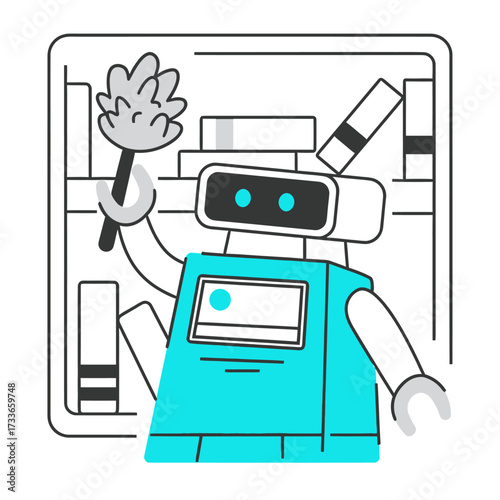 Friendly blue robot with duster and wrench ready for cleaning and maintenance tasks, symbolizing efficiency and modern service solutions