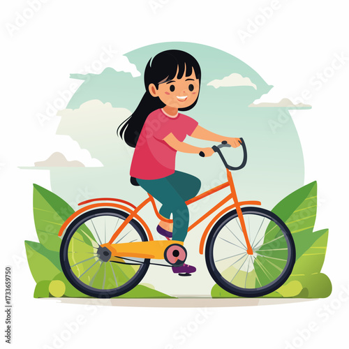 A young girl enjoys a delightful bicycle ride through a scenic natural landscape, surrounded by lush green leaves and a cloudy sky