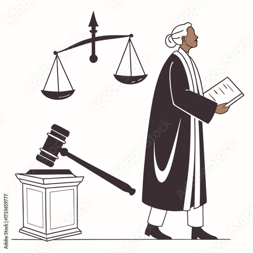 Judge with scales of justice and gavel law book court
