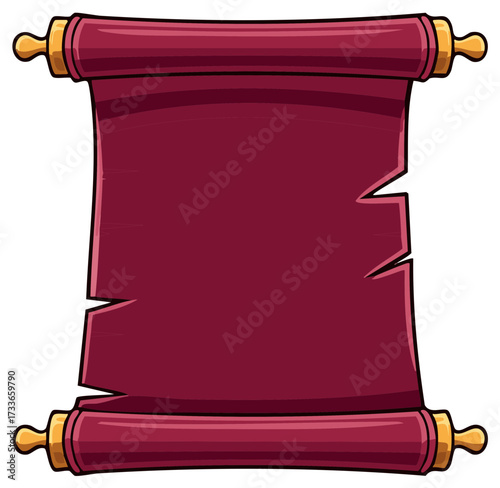 Antique scroll with gold trim and torn edge, blank burgundy document for medieval invitations or historic announcements