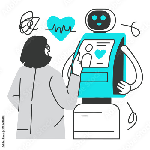 Visionary doctor interacts with advanced AI healthcare robot, symbolizing future medical innovation, patient care, and data analysis for better diagnostics.