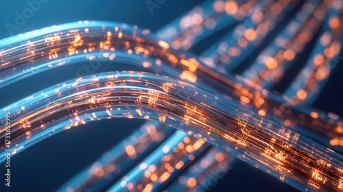 Bent cable paths curved fiber optic pathways with streaming light trails creating dynamic data transmission visualization
