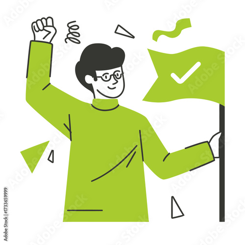 Confident individual celebrating a major achievement by raising a flag with a checkmark, symbolizing goal accomplishment and success, perfect for business or personal milestones.