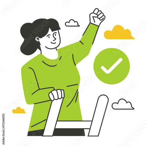 Celebrating fitness goals with a triumphant gesture and a verified checkmark, embodying achievement and well-being in a modern, abstract style.