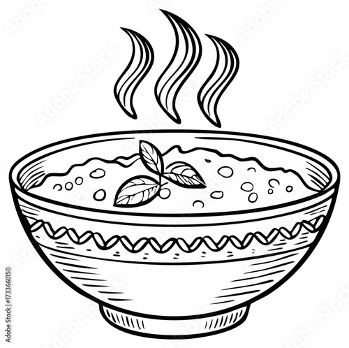 Soup bowl illustration, stylized with herbs and steam, black and white drawing.