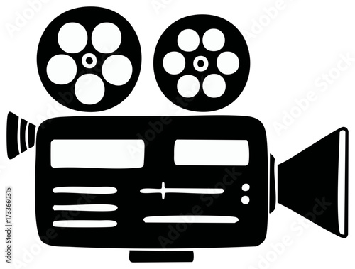 Black and white illustration of a film camera in a cartoon or doodle style for video or movie concept design