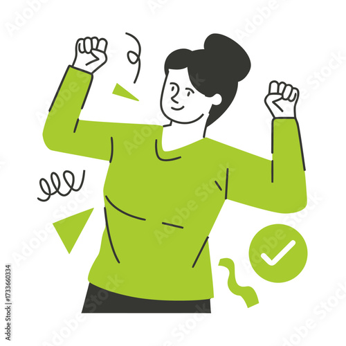 Excited woman celebrating success with raised fists and a triumphant smile, radiating pure joy and achievement, perfect for motivational content and business wins