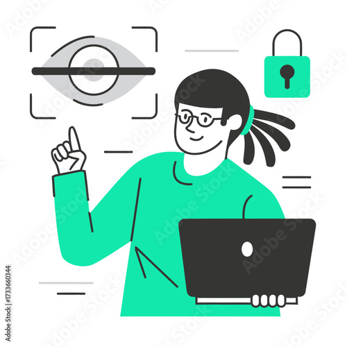 Dynamic cybersecurity expert using laptop explains advanced eye scan security system with padlock icon symbolizing data protection and privacy for modern digital systems