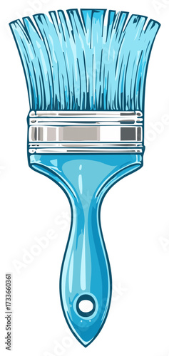 Single blue paintbrush with glossy handle and bristles on a clean white background, graphic illustration