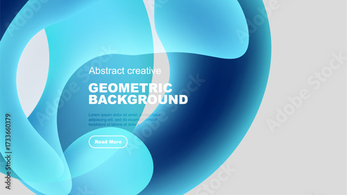 Abstract blue shapes overlap black background. Text includes geometric background, plus sample lorem ipsum text, button visible.