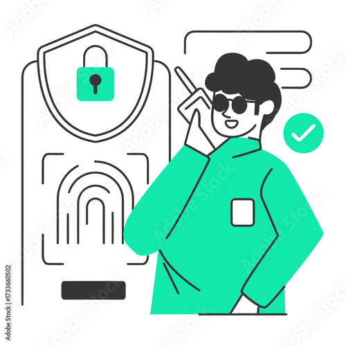 Confident professional securing digital identity with fingerprint scan and padlock icon, ensuring data privacy and modern cybersecurity solutions for business success.
