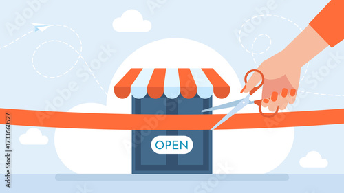 Woman's hand with scissors cutting red ribbon. Cut red ribbon ceremony at new store concept, man hold scissors. Opening ceremonial big red ribbon cutting scissors in hands. Flat illustration