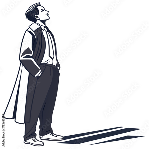 Man in suit and trench coat looking up with shadow