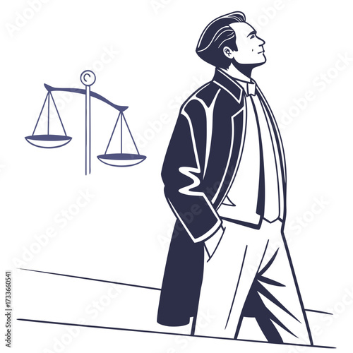 Man in suit and scales of justice illustration trench coat