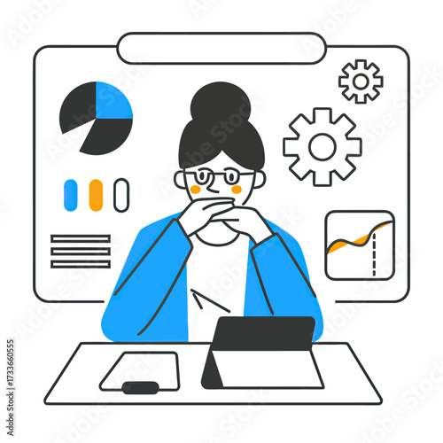 Focused analyst contemplating complex data charts and analytics on a digital dashboard, strategizing for business growth and innovation in a modern tech environment