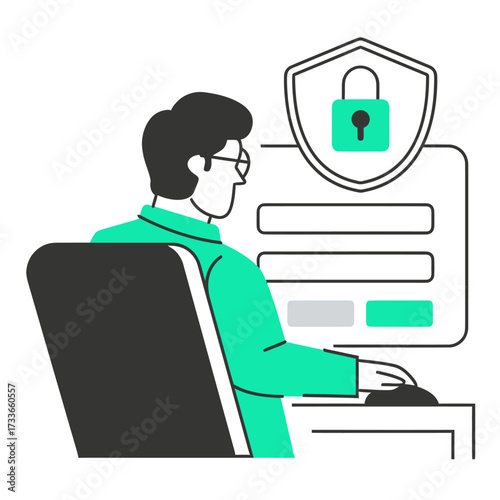 Professional safeguarding digital identity, logging into secure online account with protected data and privacy lock icon on screen