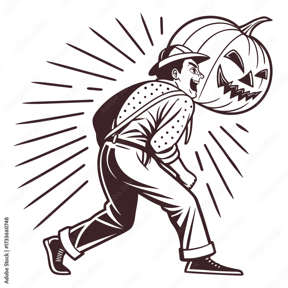 Fototapeta premium Man Running With Jack O Lantern Pumpkin On His Back