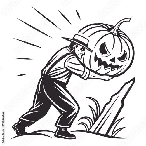 Man Pushing A Large Jack O Lantern male adult