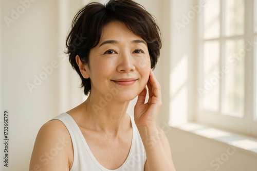 白いタンクトップを着た笑顔の中年日本人女性のポートレート Free Download 白いタンクトップを着た笑顔の中年日本人女性のポートレート - GFXLoad